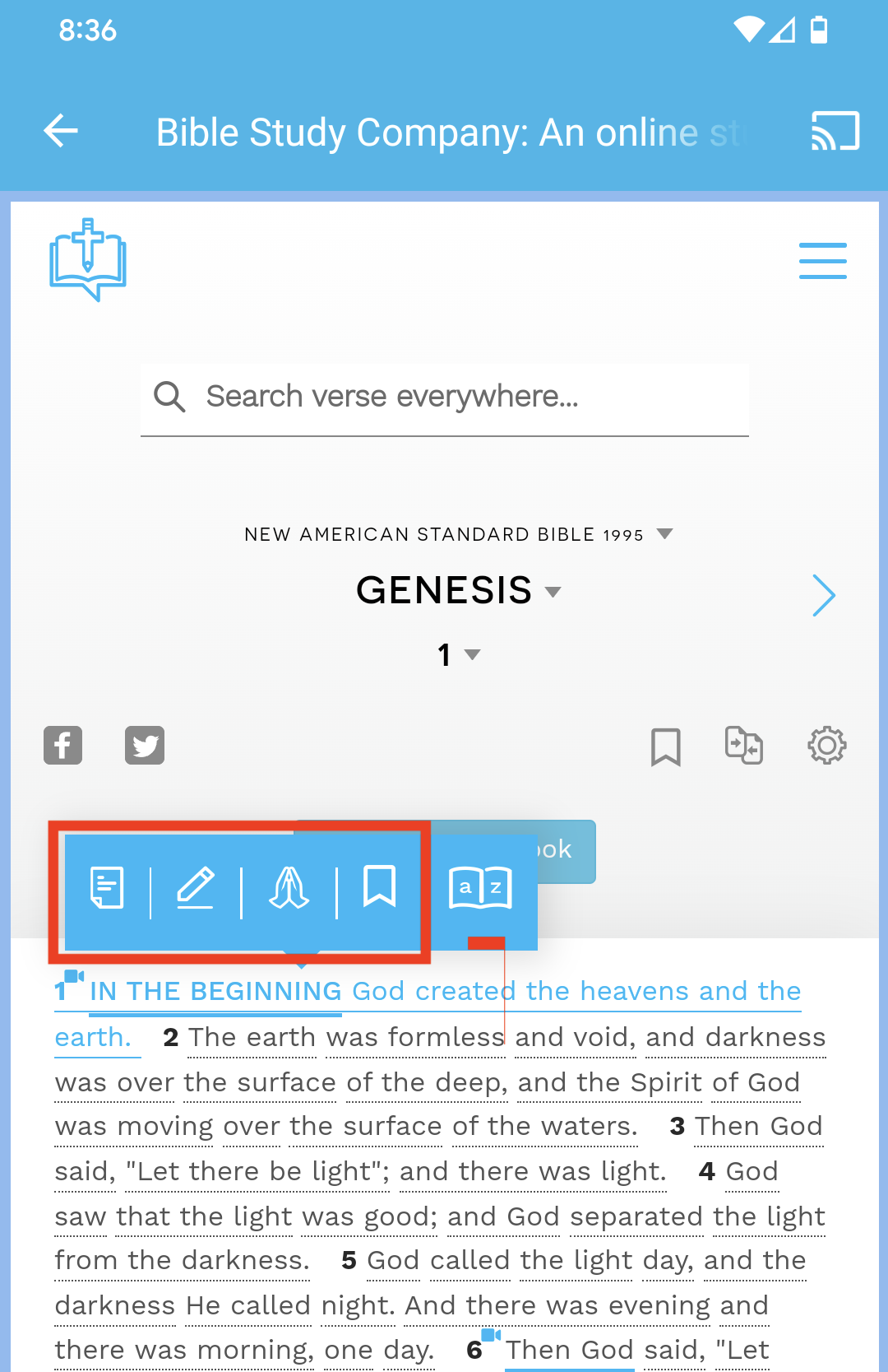 When you click on a verse use the reader, the first 4 icons are actions that require an account